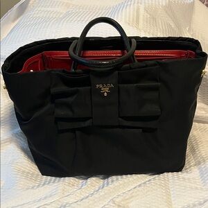 PRADA Tessuto Black Nylon Tote with Pink Interior and Bow Detail